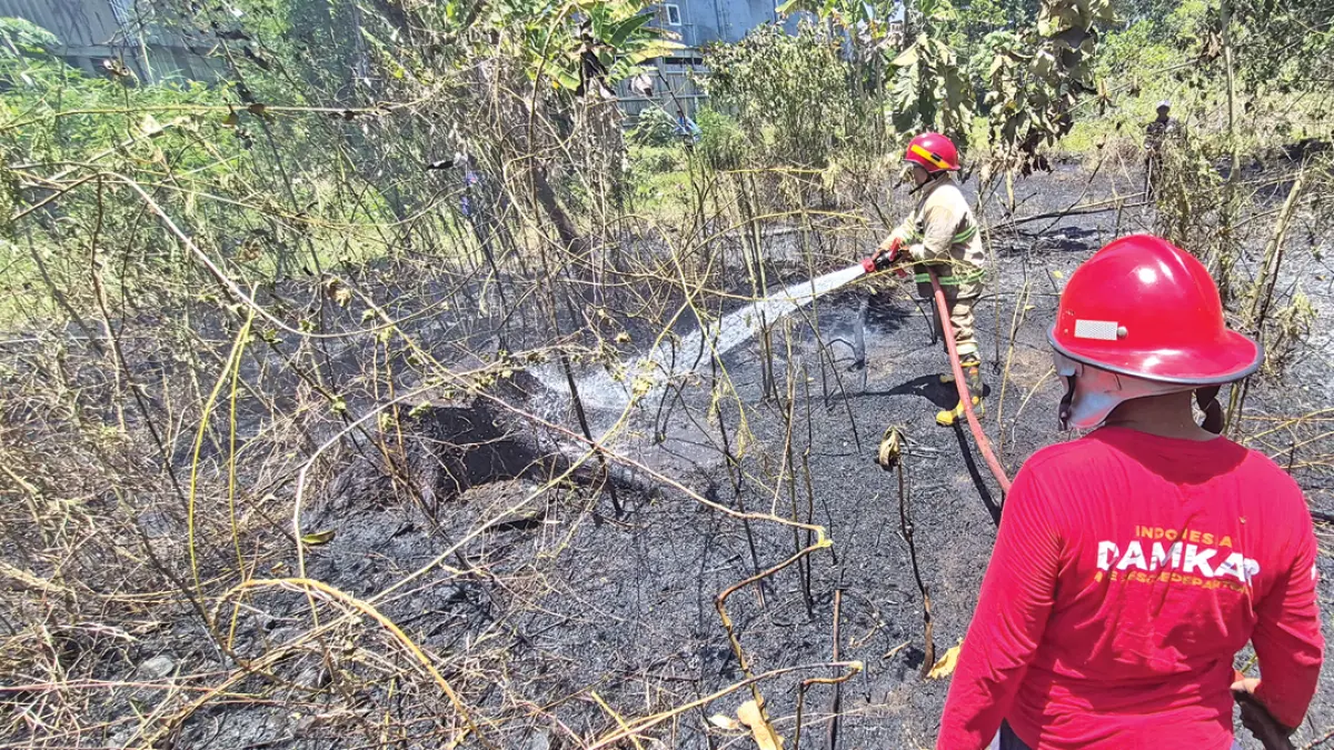 Petugas Damkarmat Sektor Genteng memadamkan api di lahan kosong Dusun Kopen, Desa Gentengkulon, Kecamatan Genteng, Sabtu sore (26/9). (Salis Ali/Radar Banyuwangi)