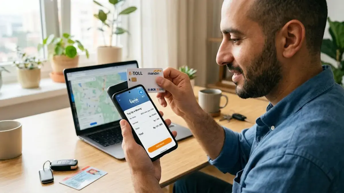 Ilustrasi mengenai cara mengisi saldo e-Toll menggunakan fitur NFC di smartphone. (generate ai - Kaltim Post)