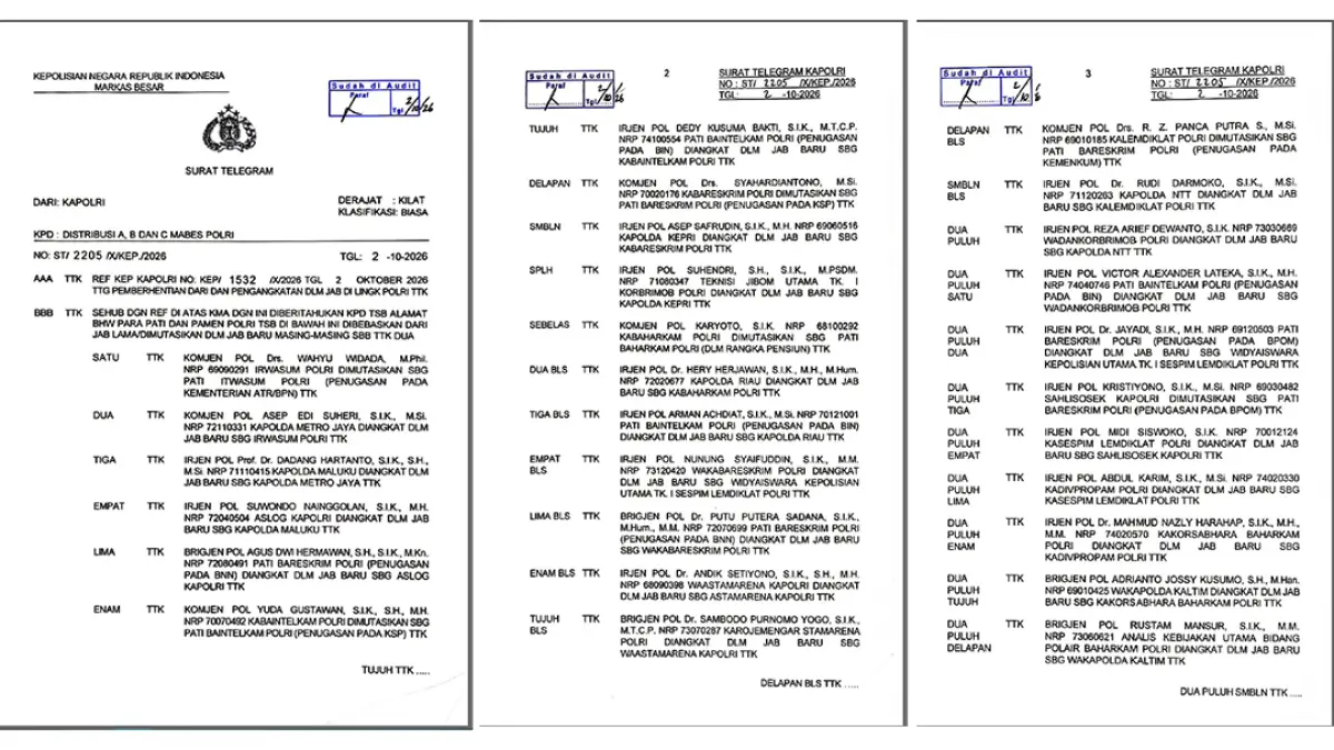 Telegram Mutasi Pati Polri tertanggal 2 Oktober 2026. (Tangkapan Layar)