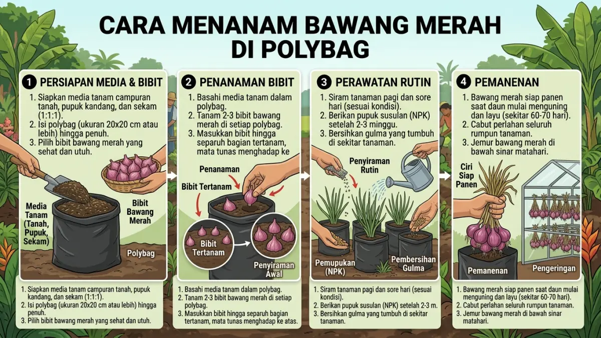Ingin panen bawang merah di rumah? Simak cara menanam di polybag, memilih bibit, meracik media tanam, pemupukan, dan waktu panen. (Gemini AI)