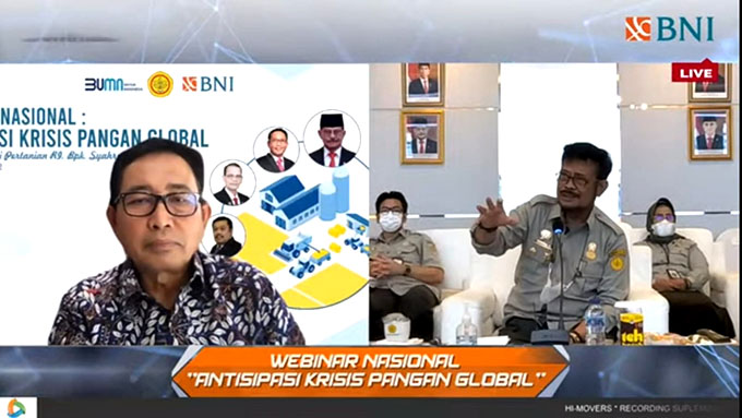 Menteri Pertanian Syahrul Yasin Limpo dan Direktur Hubungan Kelembagaan BNI Sis Apik Wijayanto Webinar Nasional: Antisipasi Krisis Pangan Global BNI Corpu, Kamis (21/7/2022). (Dokumen BNI for Radar Banyuwangi)