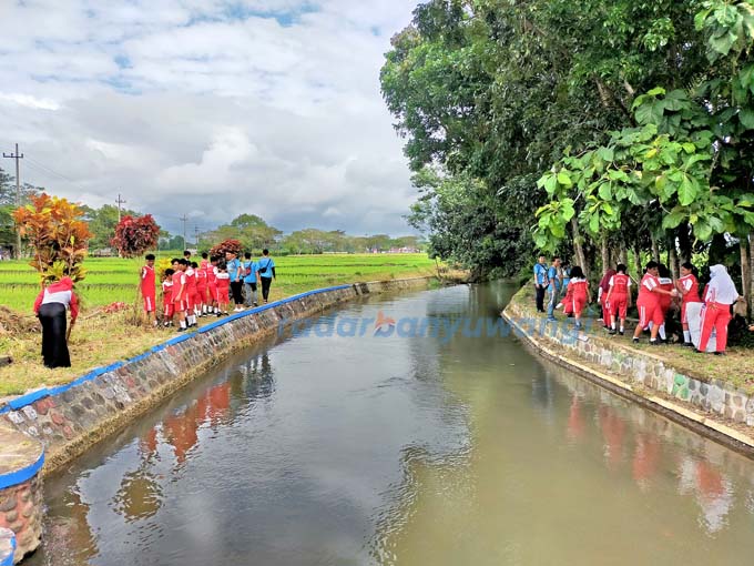 SEREMPAK: Puluhan siswa SDN 1 Watukebo membersihkan sungai Jembatan Jeruk, Desa Watukebo, Kecamatan Blimbingsari, kemarin (18/8). (Deddy Jumhardiyanto/RadarBanyuwangi.id)