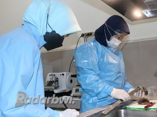 DETEKSI DINI: Petugas mengecek sampel untuk tes Patologi Anatomi di laboratorium RSAH Gambiran. (RSAH for Radar Banyuwangi)
