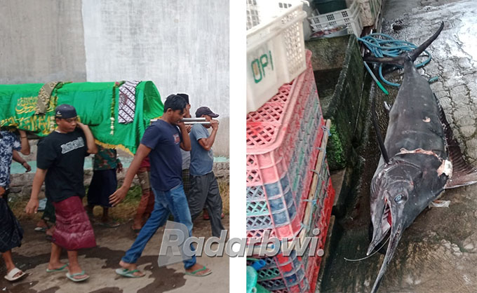 TEWASKAN PEMANCING: Ikan Marlin berukuran besar (foto kanan) yang menewaskan Holili (foto kiri) saat mancing di tengah laut diamankan di Pelabuhan Jangkar, Selasa (4/10). (Bagus Rio/Radar Situbondo)