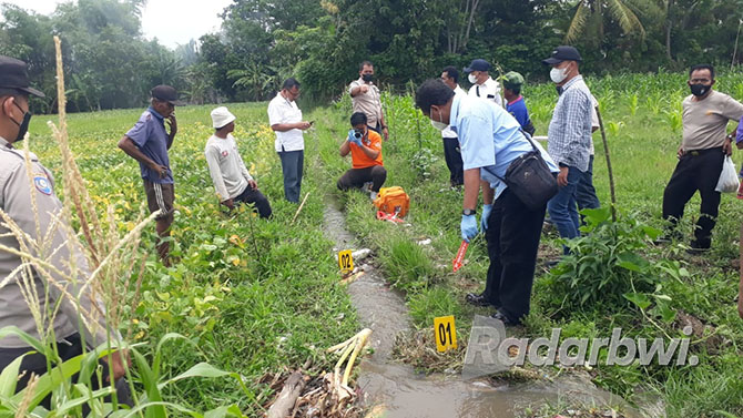 OLAH TKP: Tim Inavis Satreskrim Polres Situbondo, melakukan pengecekan di saluran irigasi di Dusun Karang Malang, Desa Panji Kidul, Kecamatan Panji, Rabu (19/10). (Humaidi/Radar Situbondo)