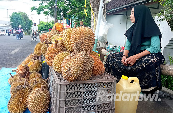 PEDAGANG: Ifah menunggu pembeli di lapaknya di Jalan Juanda, Desa Jajag, Kecamatan Gambiran, Rabu (19/10). (Lugas Rumpakaadi/Radar Genteng)