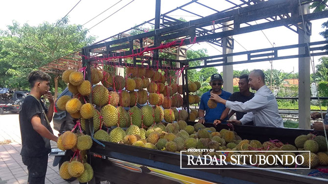 TESTIMONI: Muhammad Aqil (kaus hitam) mempersilakan pembeli untuk mencicipi durian yang ingin langsung dimakan (5/1) di Taman Pancing Kecamatan Panji, Situbondo. (Humaidi/Radar Situbondo)