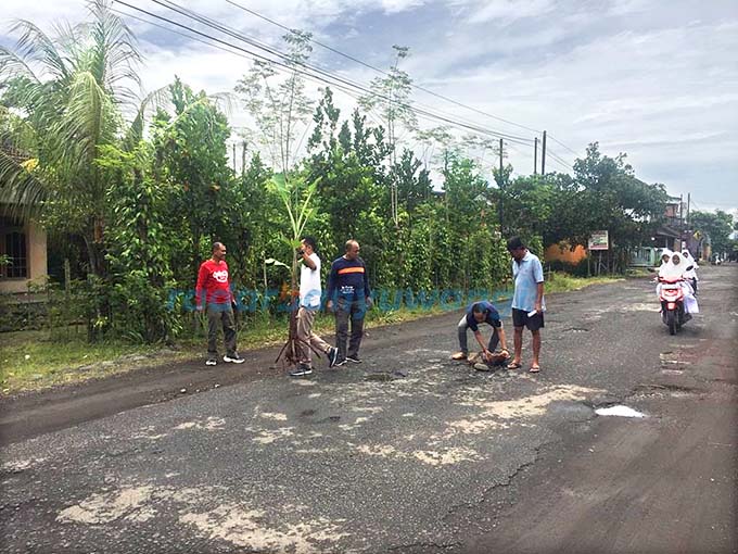 CABUT POHON: Sekdes Gambiran Binar Cahya Putra (baju putih) mencabut pohon pisang yang berada di tengah jalan Dusun Stembel, Desa/Kecamatan Gambiran, kemarin siang (6/1). (Lugasw Rumpakadi/RadarBanyuwangi.id)