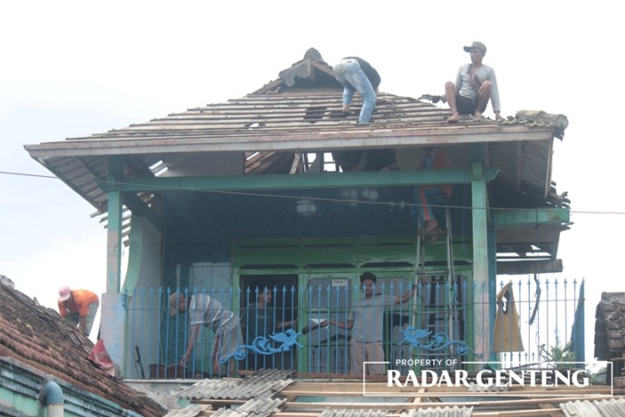 GENTING RONTOK: Anggota TRC BPBD mengevakuasi pohon tumbang di rumah Sumiyati, Dusun Tegalgondo, Desa Kajarharjo, Kecamatan Kalibaru, Minggu (26/2). (Foto: Salis Ali/JPRG)