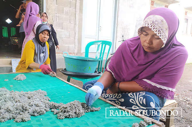 DIKERINGKAN: Beberapa karyawan menata rengginang mentah dalam wadah yang terbuat dari anyaman bambu, Jumat (10/3). (Iwan Feriyanto/Radar Situbondo)