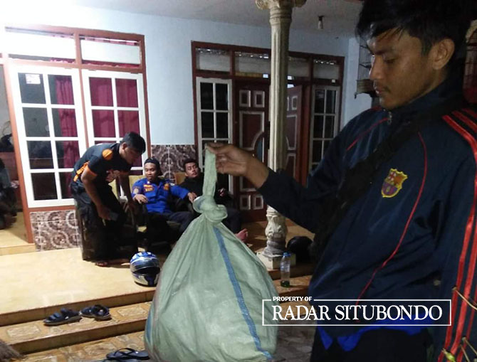BERBAHAYA: Petugas Damkar mengevakuasi sara tawon di rumah warga di Desa/Kecamatan Jangkar, belum lama ini. (Damkar untuk Radar Situbondo)