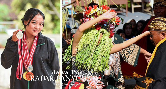 ATLET LARI: Dwi Putri Ramadani menunjukkan medali yang dia raih dalam cabor lari estafet. (kiri). Dwi Putri menari Seblang Olehsari dengan hiasan rumbai-rumbai daun pisang pada H plus tiga Lebaran (25/4) lalu. (Ramada Kusuma/Radar Banyuwangi)