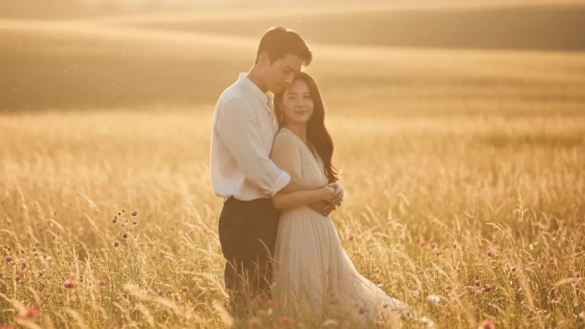 Hasil edit foto prewedding romantis di golden hour dengan cahaya hangat.