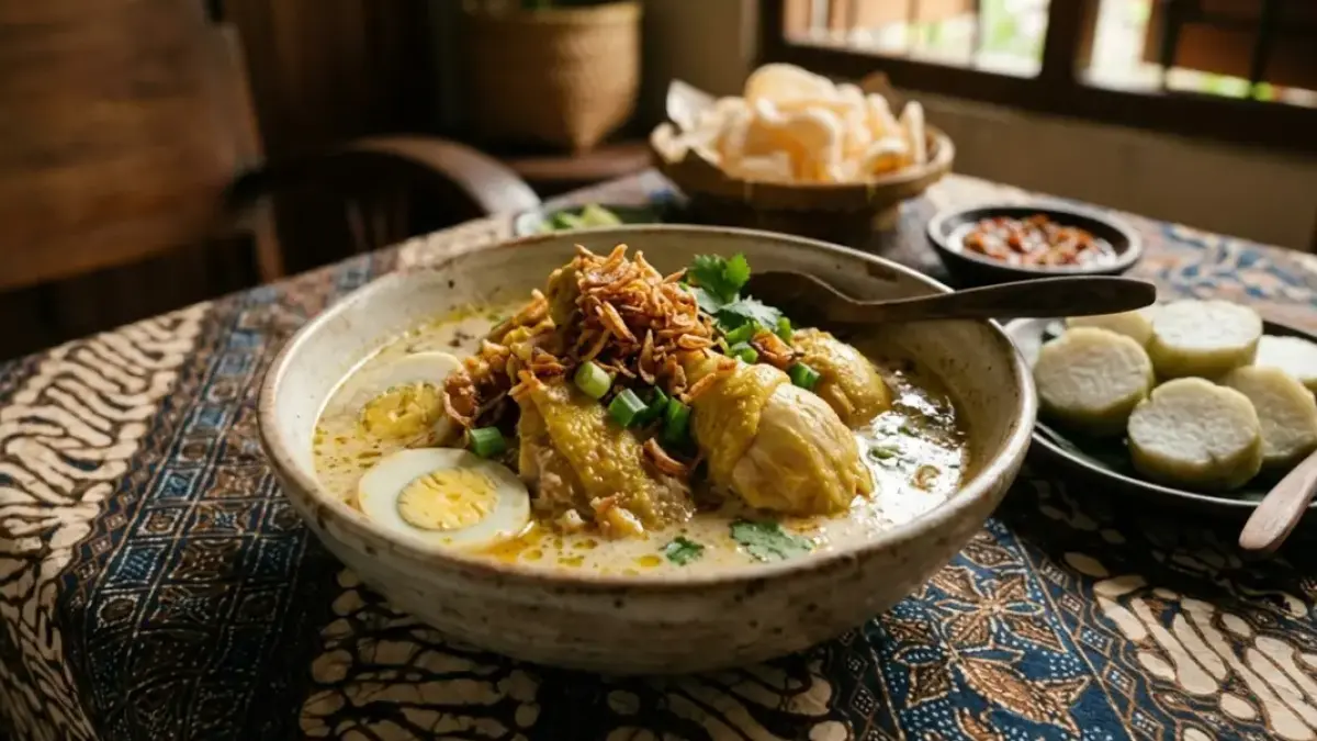 Opor ayam putih dengan bumbu rempah yang meresap sempurna menjadi sajian wajib yang harus kamu siapkan di Lebaran 2026. (RIFKI/AI)