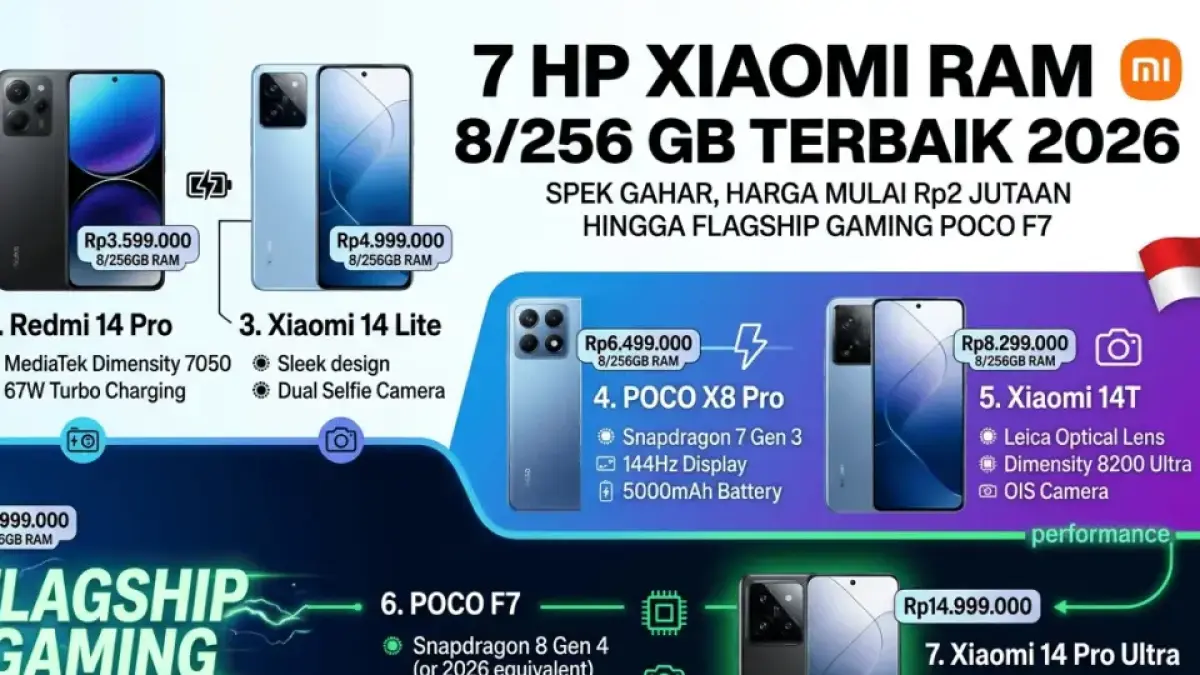 7 HP Xiaomi RAM 8/256 GB Terbaik 2026, Spek Gahar Harga Mulai Rp2 Jutaan hingga Flagship Gaming Poco F7