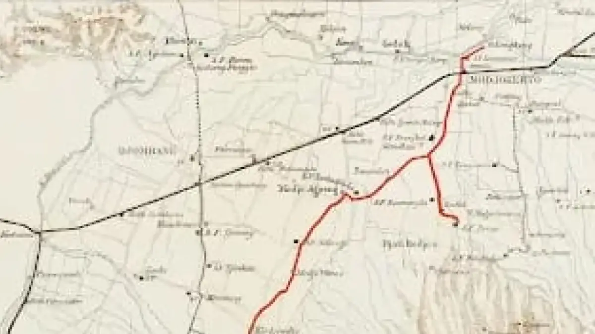 PERLINTASAN LOKOMOTIF: Jalur trem Mojokerto-Ngoro tahun 1902. (Sumber:https://digitalcollections.universiteitleiden.nl/view/item/814245)