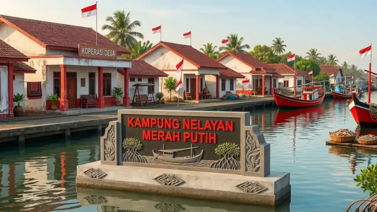 Ilustrasi Kampung Nelayan Merah Putih. Pemerintah resmi membuka rekrutmen nasional untuk 5.476 formasi pengelola Kampung Nelayan Merah Putih (KNMP). (foto diolah denan AI)