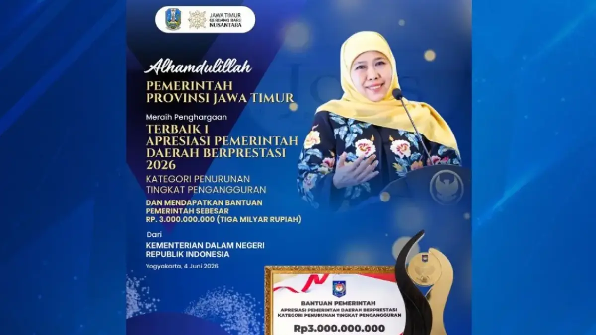 Pemprov Jatim penghargaan Terbaik I Kategori Penurunan Tingkat Pengangguran dari Kemendagri.