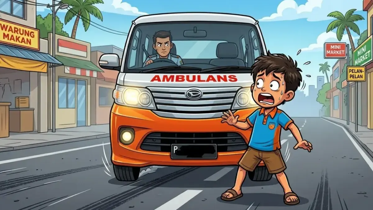 Seorang bocah berinisial NY, 12, warga Desa/Kecamatan Rambipuji tertabrak Ambulans pada Minggu (19/4) pukul 16.00 WIB. (ilustrasi diolah dengan AI)