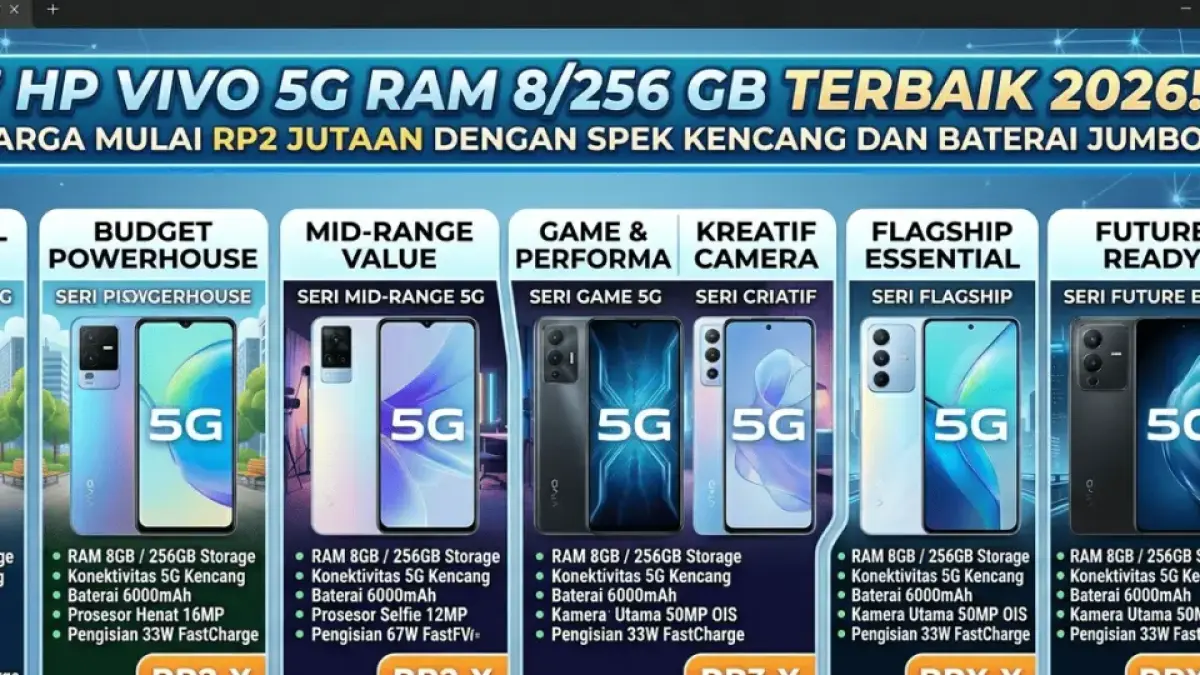 7 HP Vivo 5G RAM 8/256 GB Terbaik 2026, Harga Mulai Rp2 Jutaan dengan Spek Kencang dan Baterai Jumbo