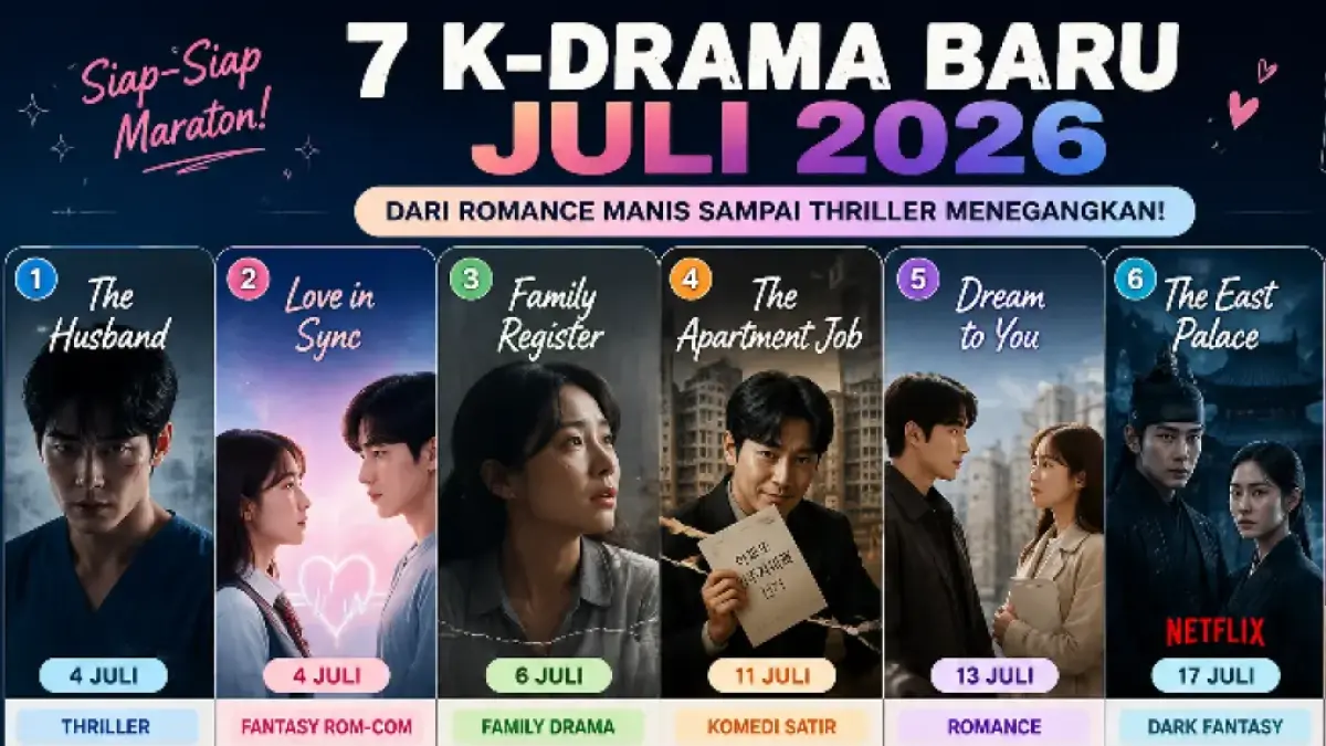 WATCHLIST DRAKOR : Juli 2026 menghadirkan deretan K-drama terbaru dari genre romance, thriller, hingga fantasy.((Raba/AI Generated)