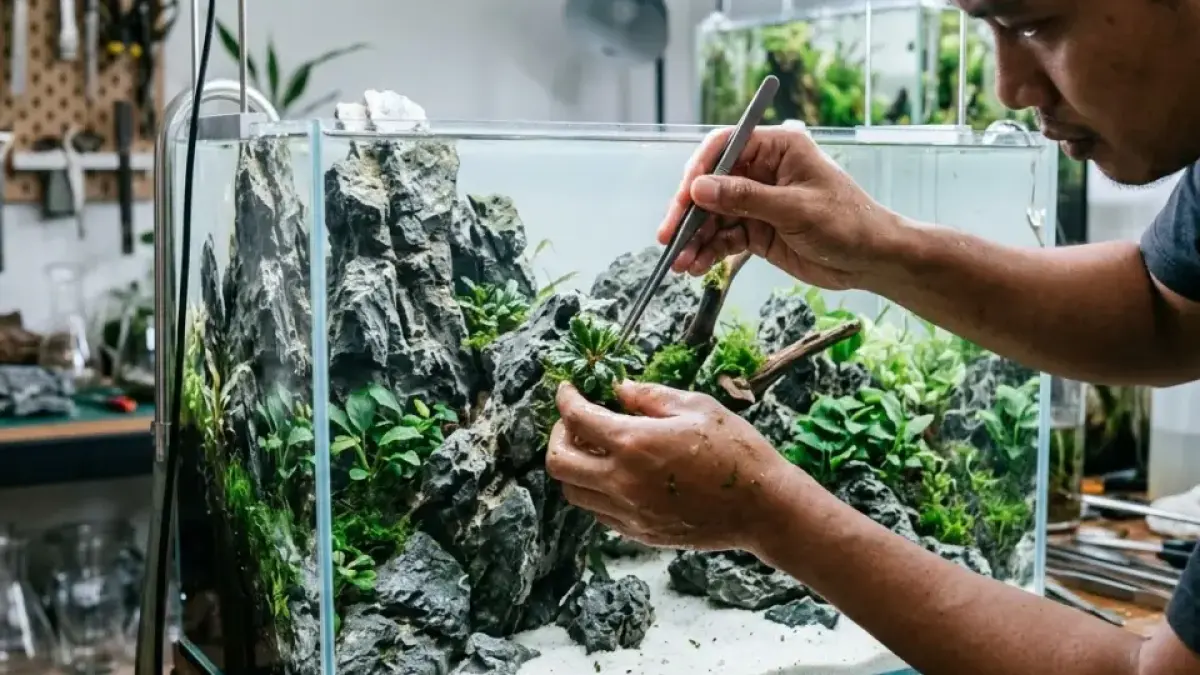 Aquascape Iwagumi mengandalkan komposisi batu dan kontur substrat. Simak cara menentukan focal point hingga membuat layout terlihat natural.