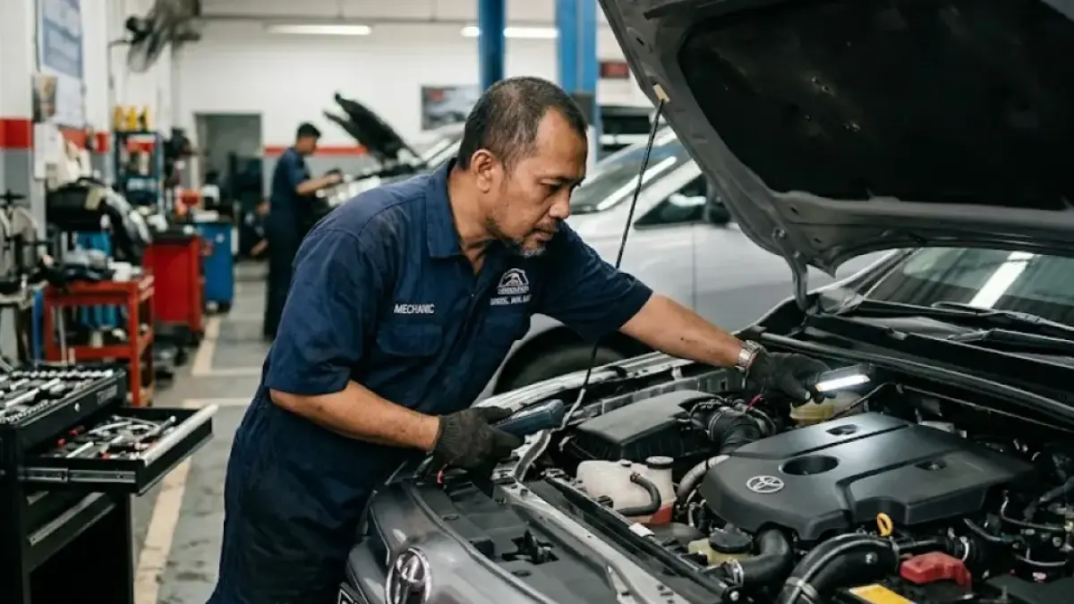 Seseorang sedang mengecek komponen mobil