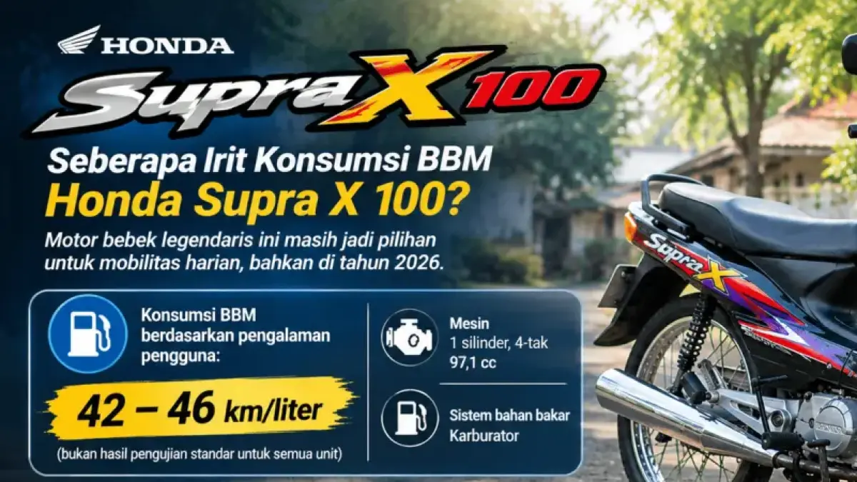 Honda Supra X 100 menggunakan mesin satu silinder 4-tak berkapasitas 97,1 cc dengan sistem bahan bakar karburator. Spesifikasi tersebut menjadi bagian dari karakter motor bebek Honda generasi lama yang dirancang untuk menunjang mobilitas harian. (Ai/Sulistiono)